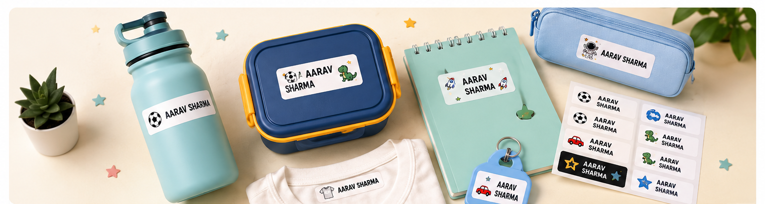 Stickkastic School Kit preview with labels, bottle, tiffin, notebook and bag tag